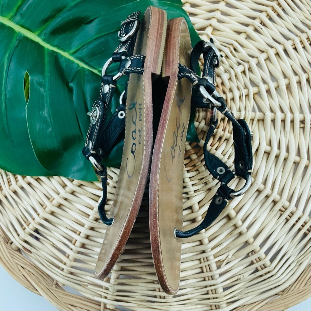 Coach Raiven Hardware Turnlock Flat Sandals Black Leather adjustable strap SZ 8 - Picture 4 of 12
